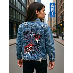Distressed Denim Jacket Graffiti Paint Splatter Back Raw Hem Women’s S
